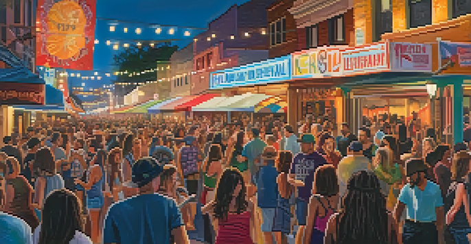A lively street scene at SXSW festival, featuring diverse attendees enjoying live music with colorful banners and lights.
