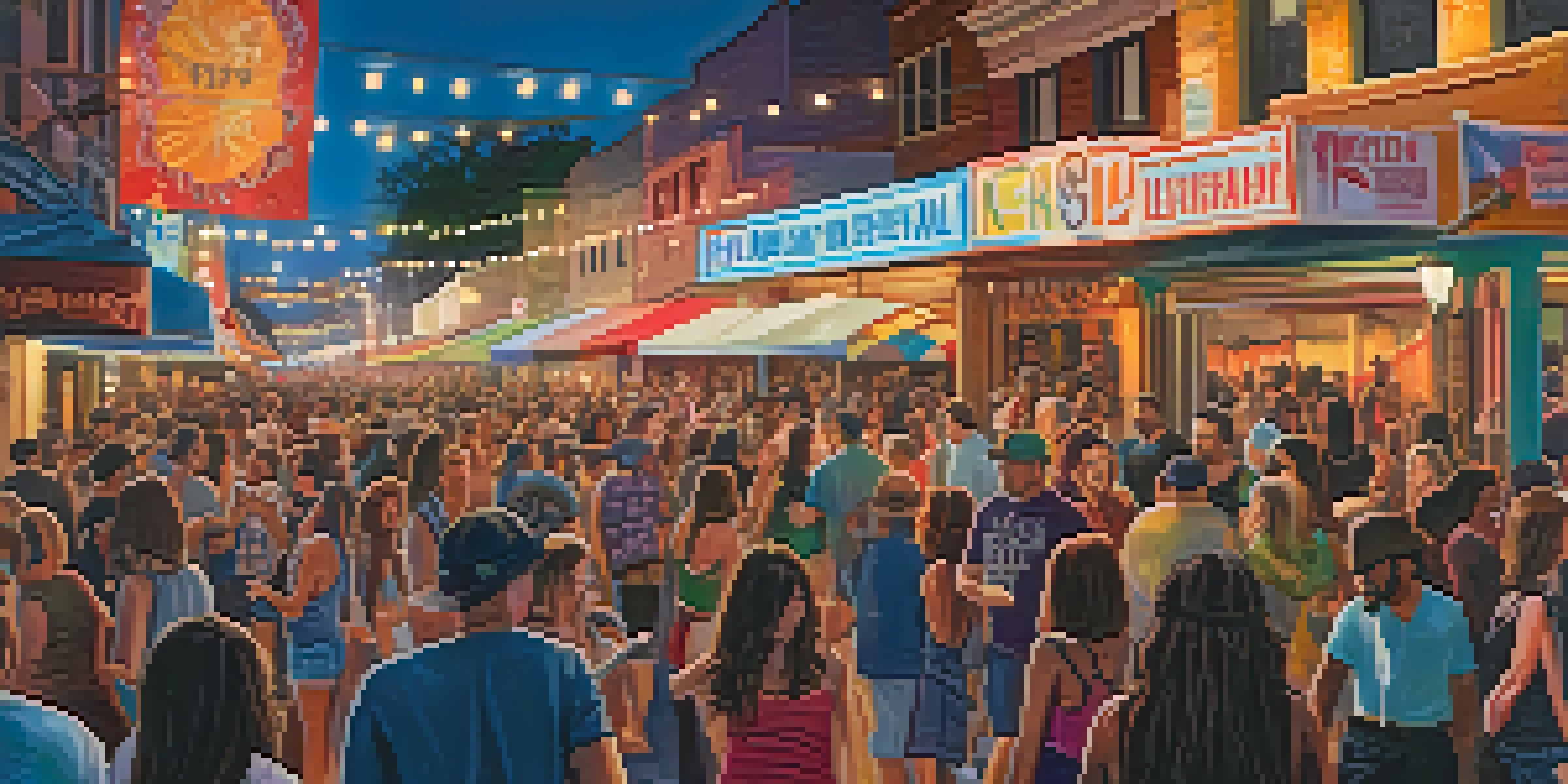 A lively street scene at SXSW festival, featuring diverse attendees enjoying live music with colorful banners and lights.