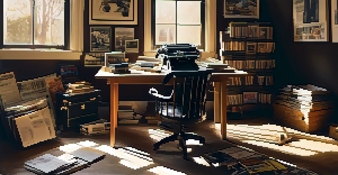 A sunlit room with vintage film posters, a wooden desk with notebooks and a typewriter, and a director's chair by the window.