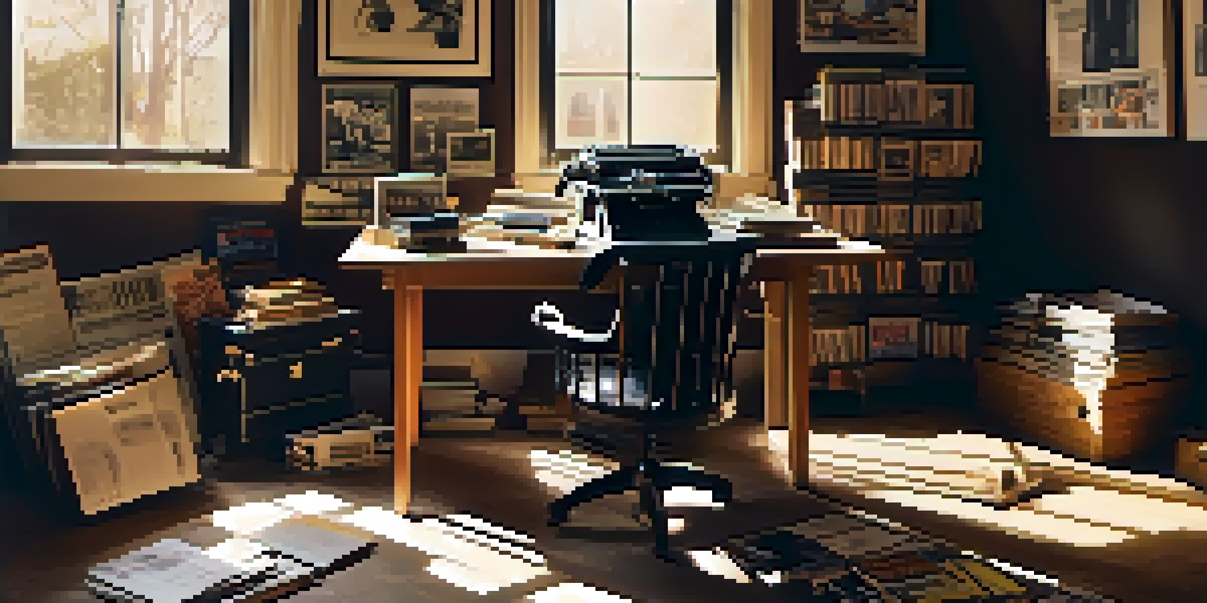 A sunlit room with vintage film posters, a wooden desk with notebooks and a typewriter, and a director's chair by the window.