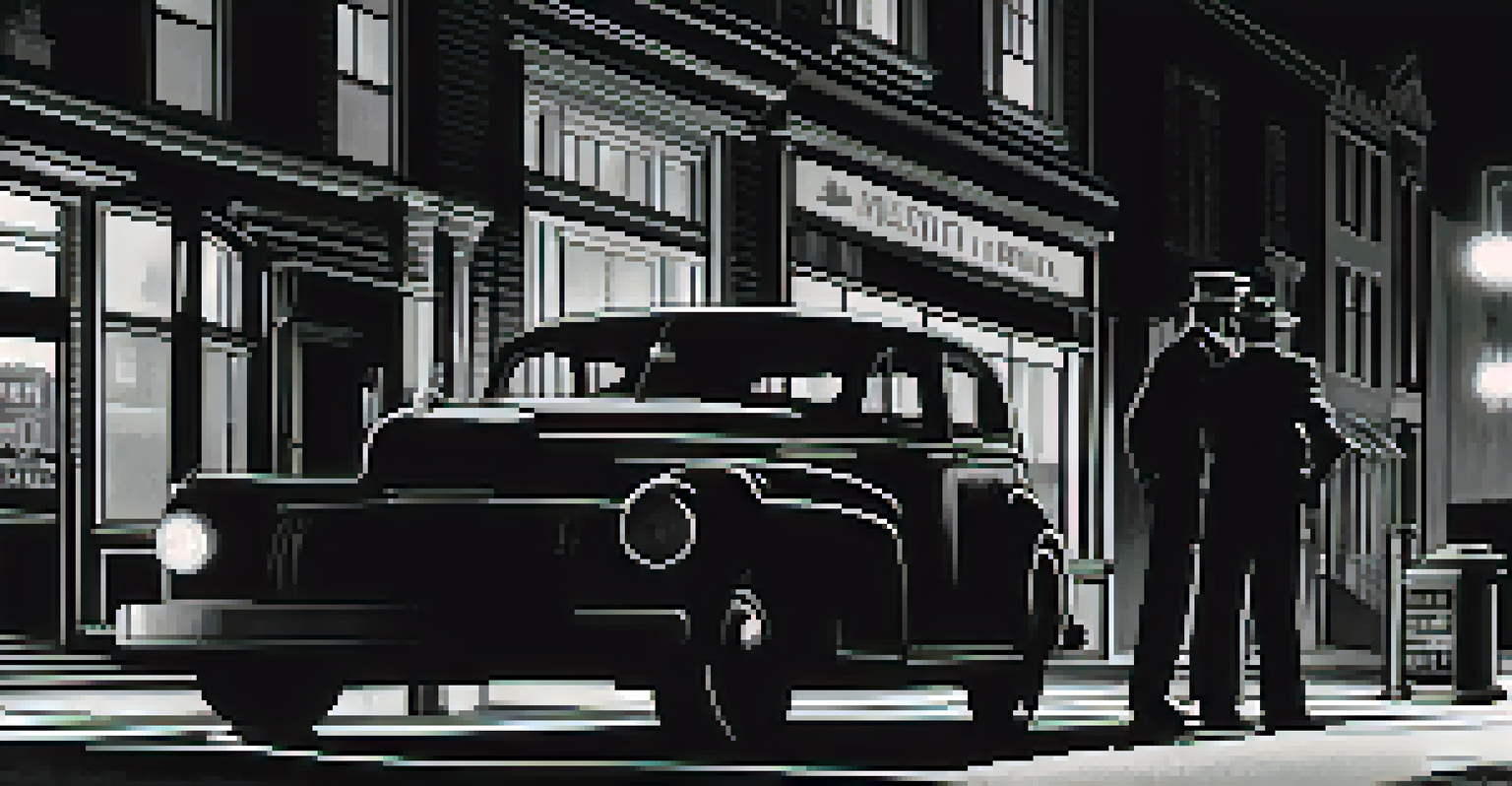 A detective stands in a shadowy crime scene at night, illuminated by a flickering streetlight, creating a tense atmosphere.