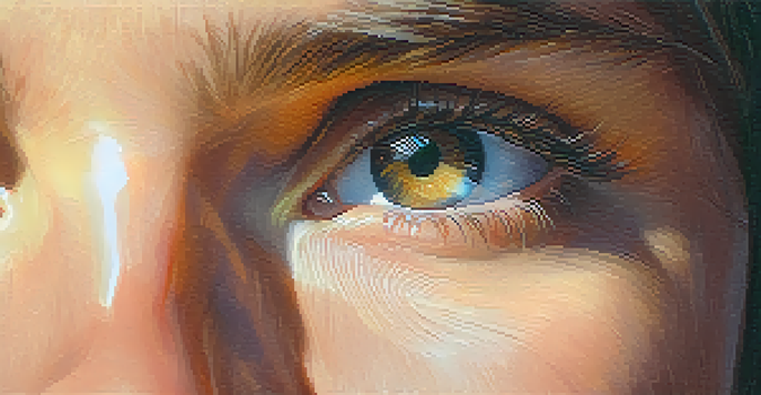 A close-up of a character's face with emotional expression, soft focus, and warm background colors.