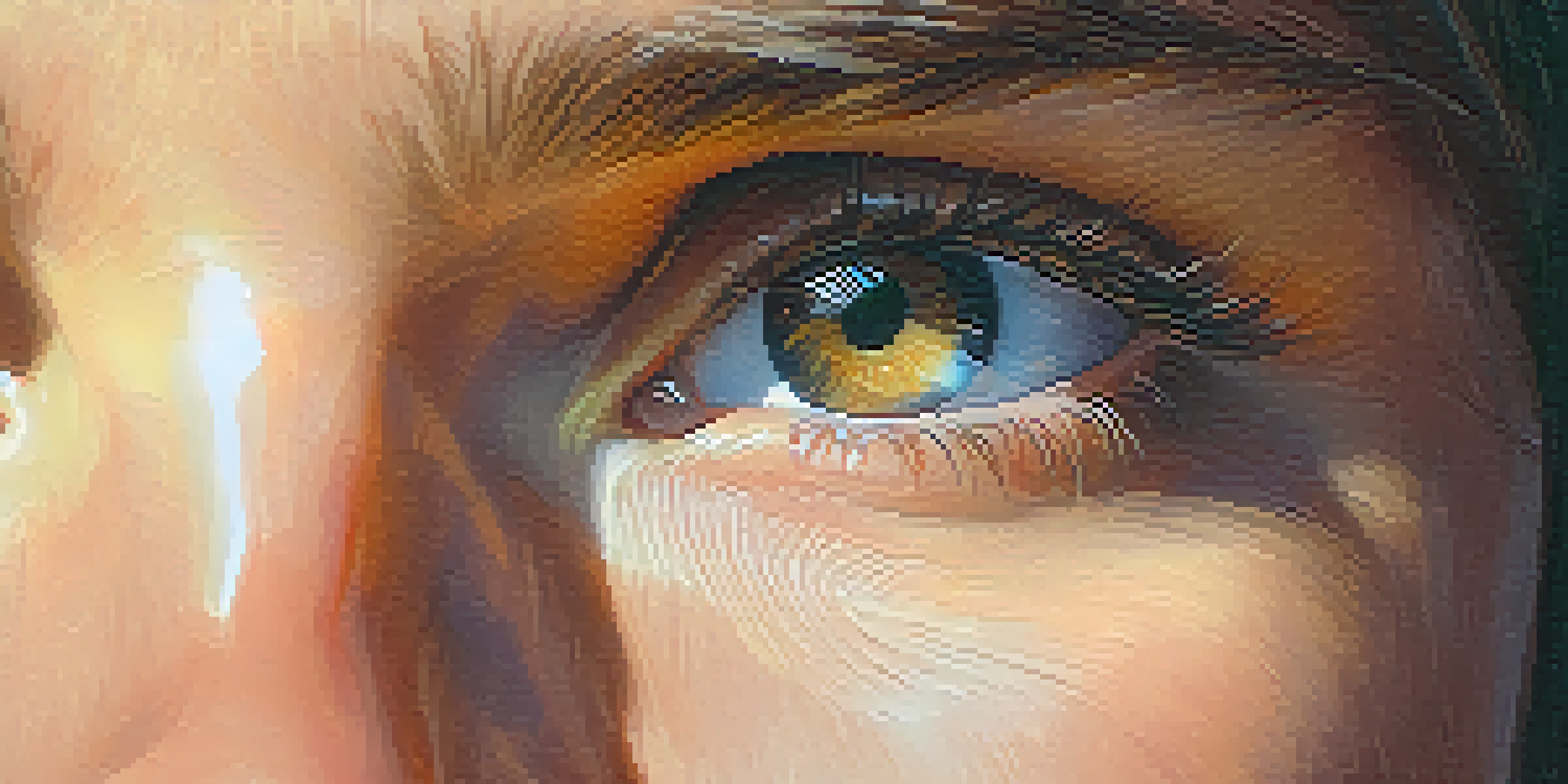 A close-up of a character's face with emotional expression, soft focus, and warm background colors.