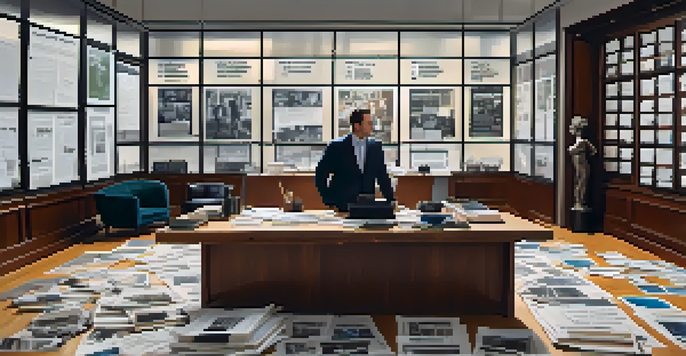 A film producer in a modern office, surrounded by scripts and storyboards, with natural light streaming through large windows.