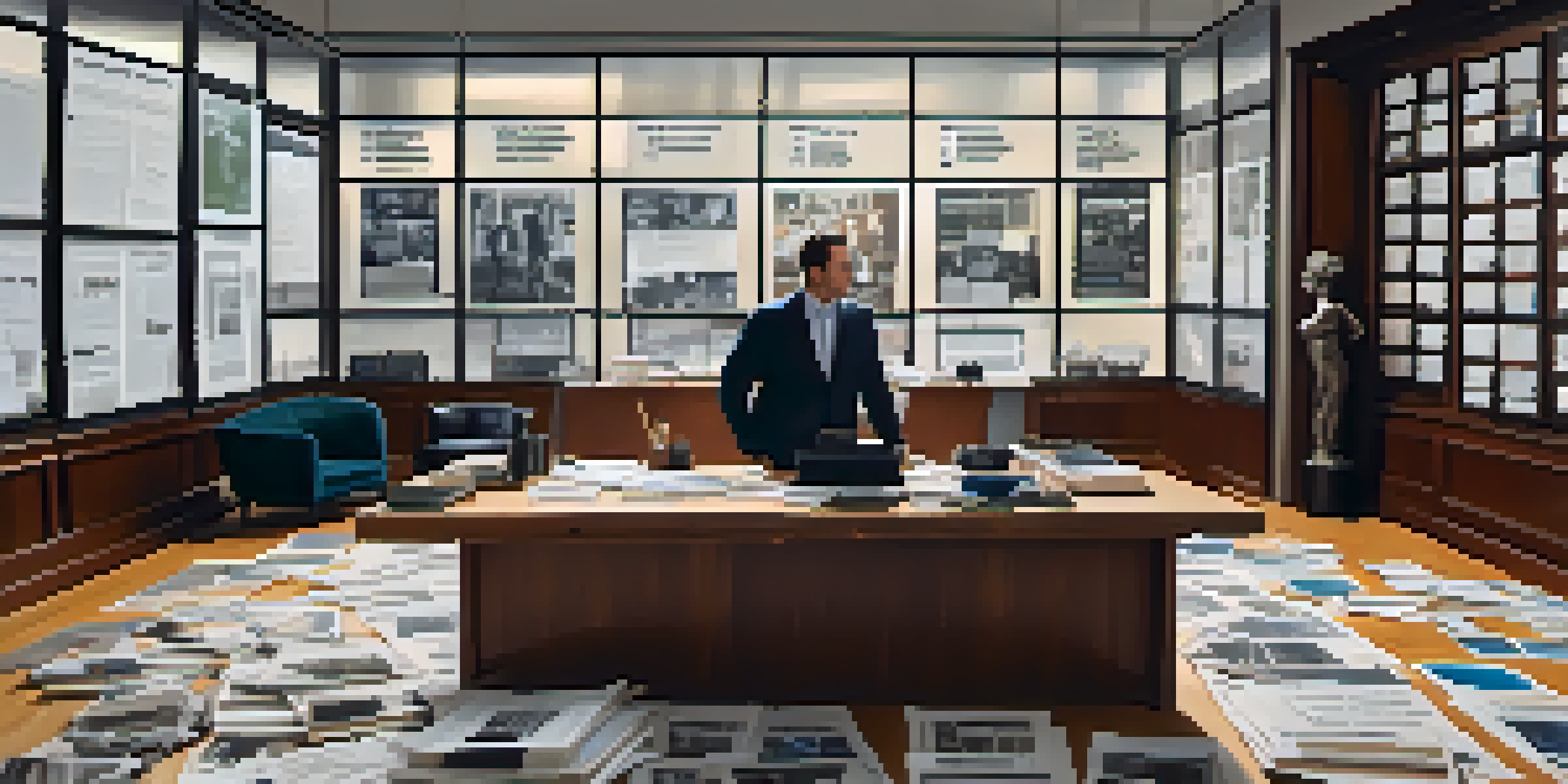 A film producer in a modern office, surrounded by scripts and storyboards, with natural light streaming through large windows.