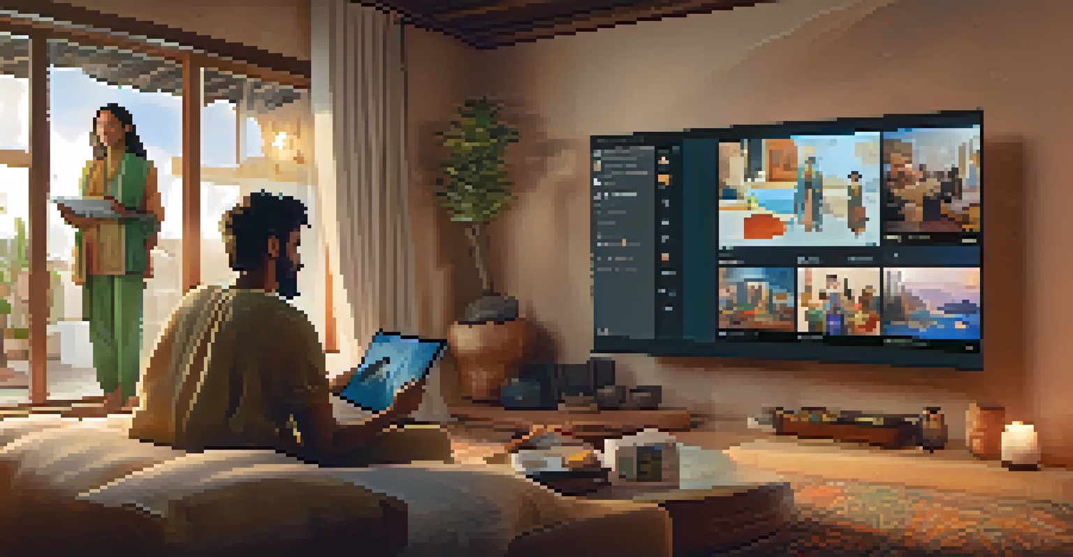 Two viewers from different cultures enjoying films on streaming services, with cultural elements in their backgrounds.
