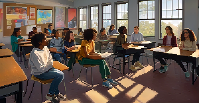 A diverse group of students in a bright classroom discussing a film, with posters about empathy on the walls.