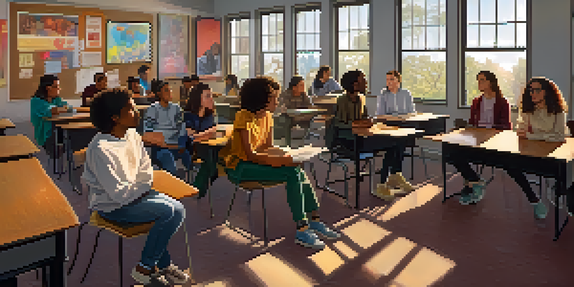 A diverse group of students in a bright classroom discussing a film, with posters about empathy on the walls.