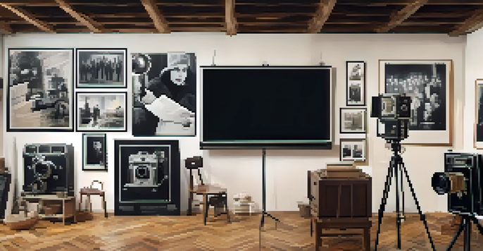 A vintage film camera on a tripod with black-and-white photographs and revolutionary-themed posters in a warmly lit setting.