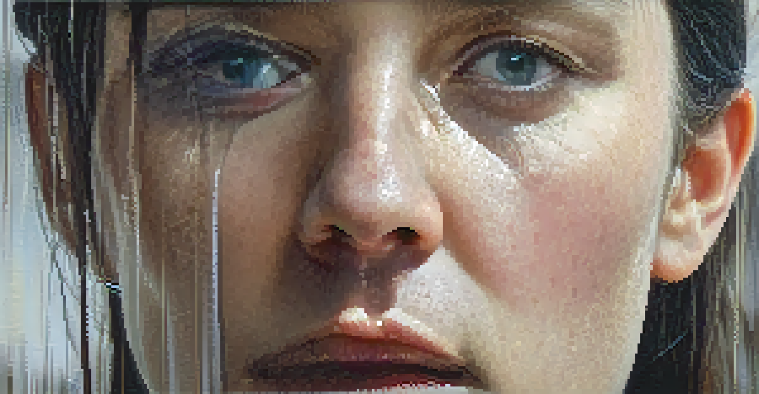 A close-up of a character's face, showing deep emotion with tears in their eyes and a trembling lip, conveying sorrow.