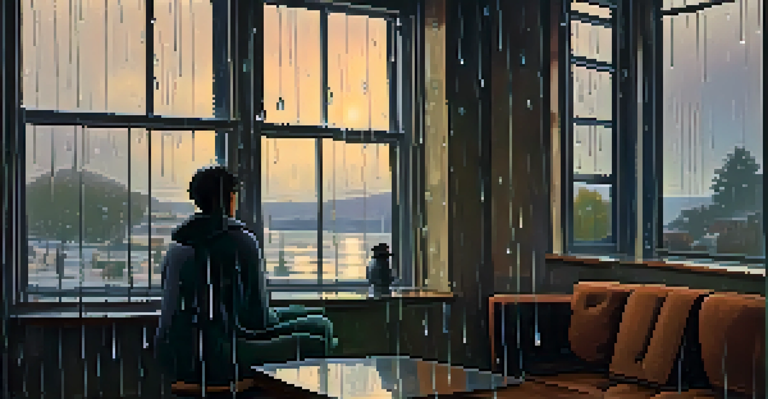 Raindrops on a window, reflecting silhouettes of two characters inside a cozy room, creating a somber mood.
