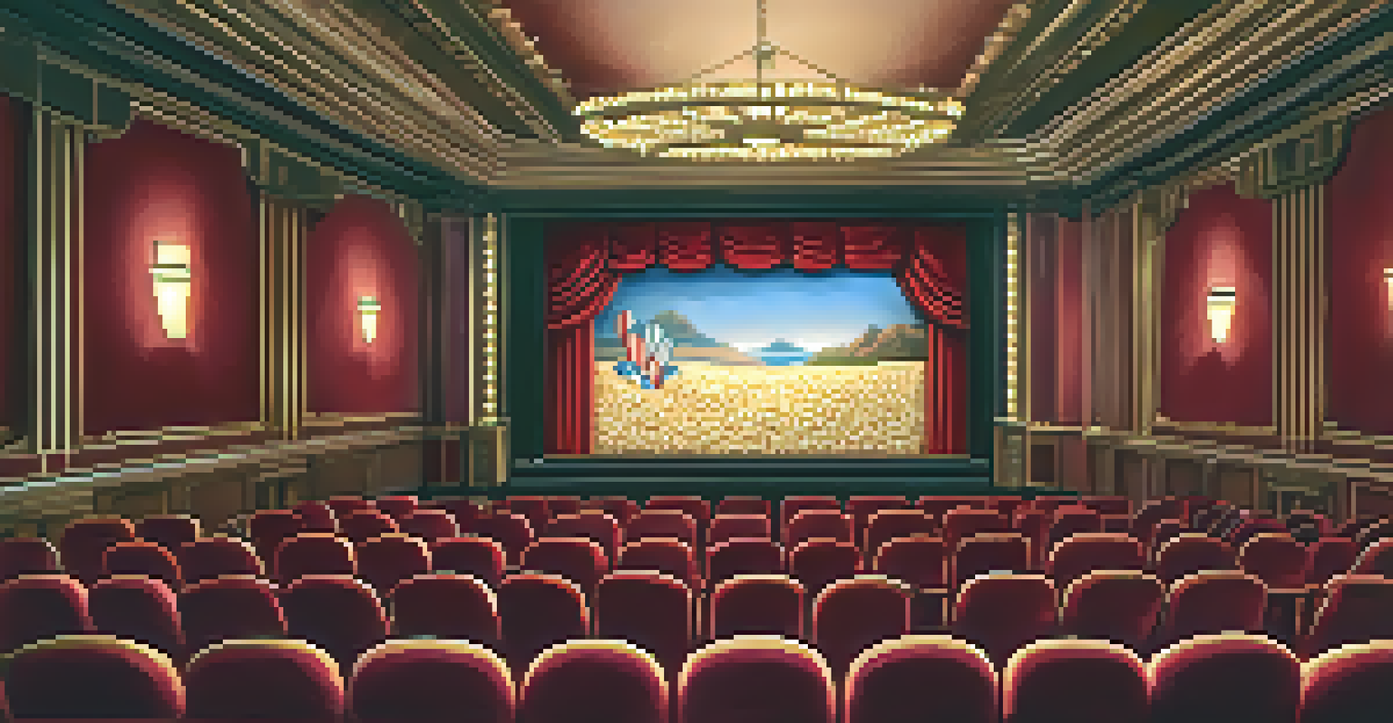 An interior view of a traditional movie theater with red velvet seats and a large screen, filled with moviegoers.