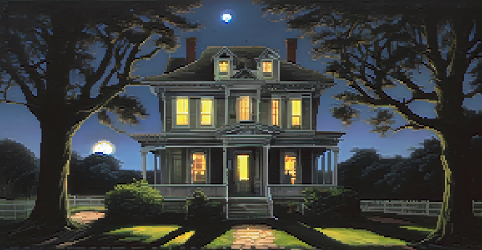 A haunted house illuminated by moonlight, surrounded by eerie trees and shadows, creating a spooky atmosphere.