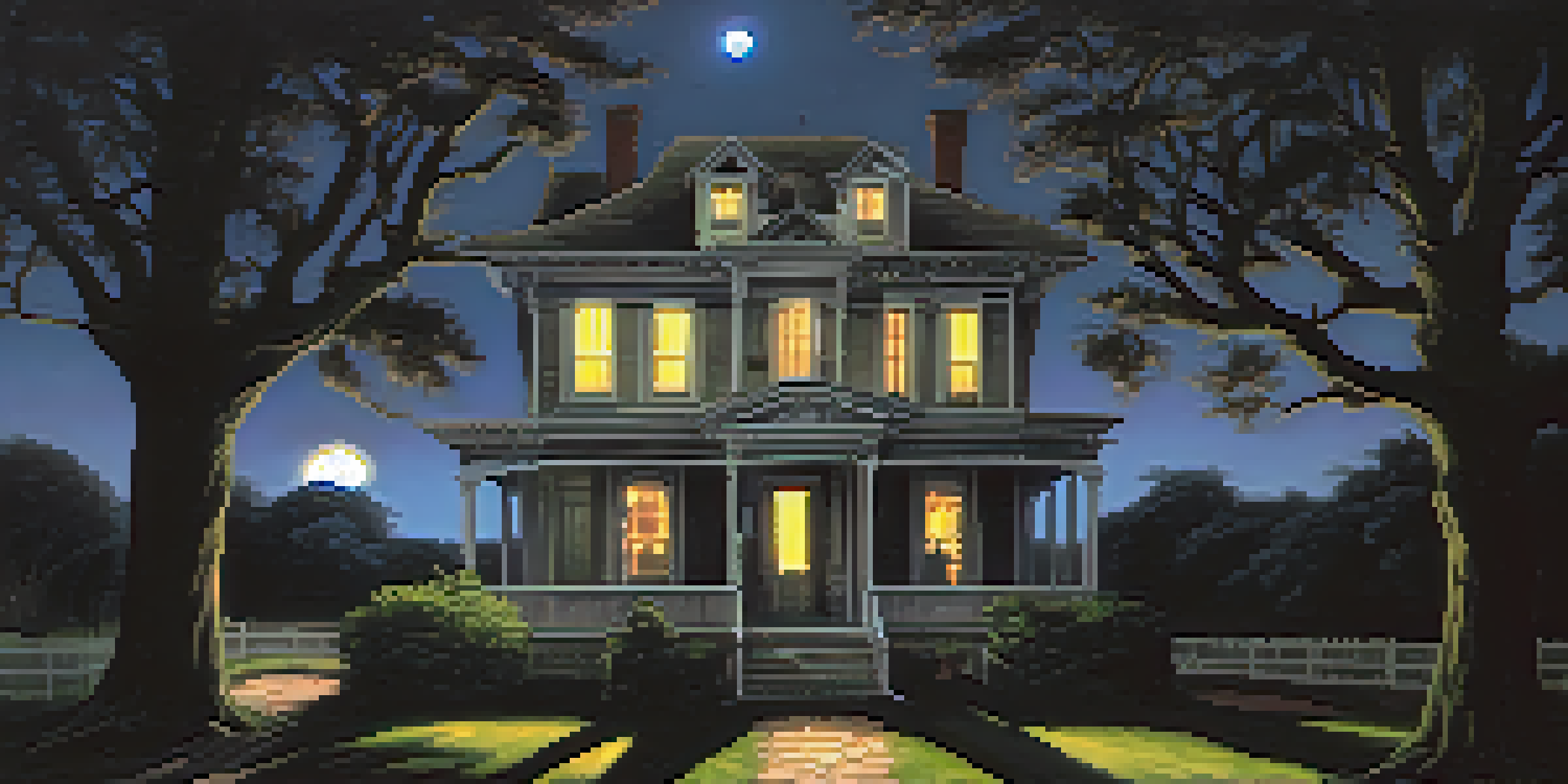 A haunted house illuminated by moonlight, surrounded by eerie trees and shadows, creating a spooky atmosphere.