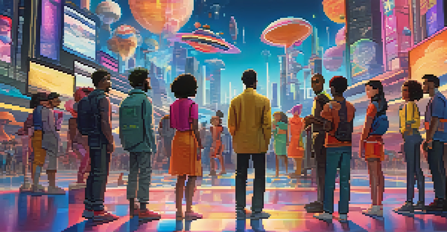 A diverse group of animated characters from various cultures standing together in a digital landscape with holographic displays.