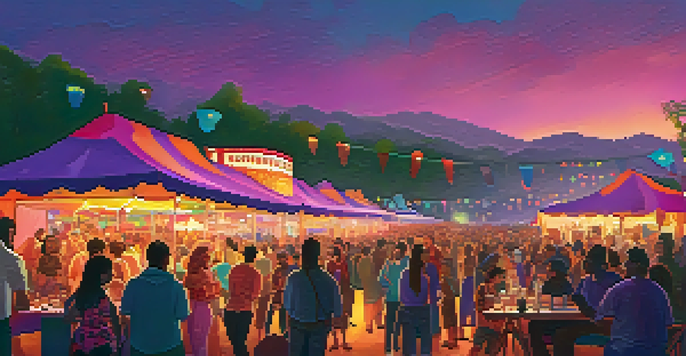 A lively outdoor film festival at dusk with a crowd watching a movie on a big screen, surrounded by food stalls and colorful lights against a purple and orange sky.