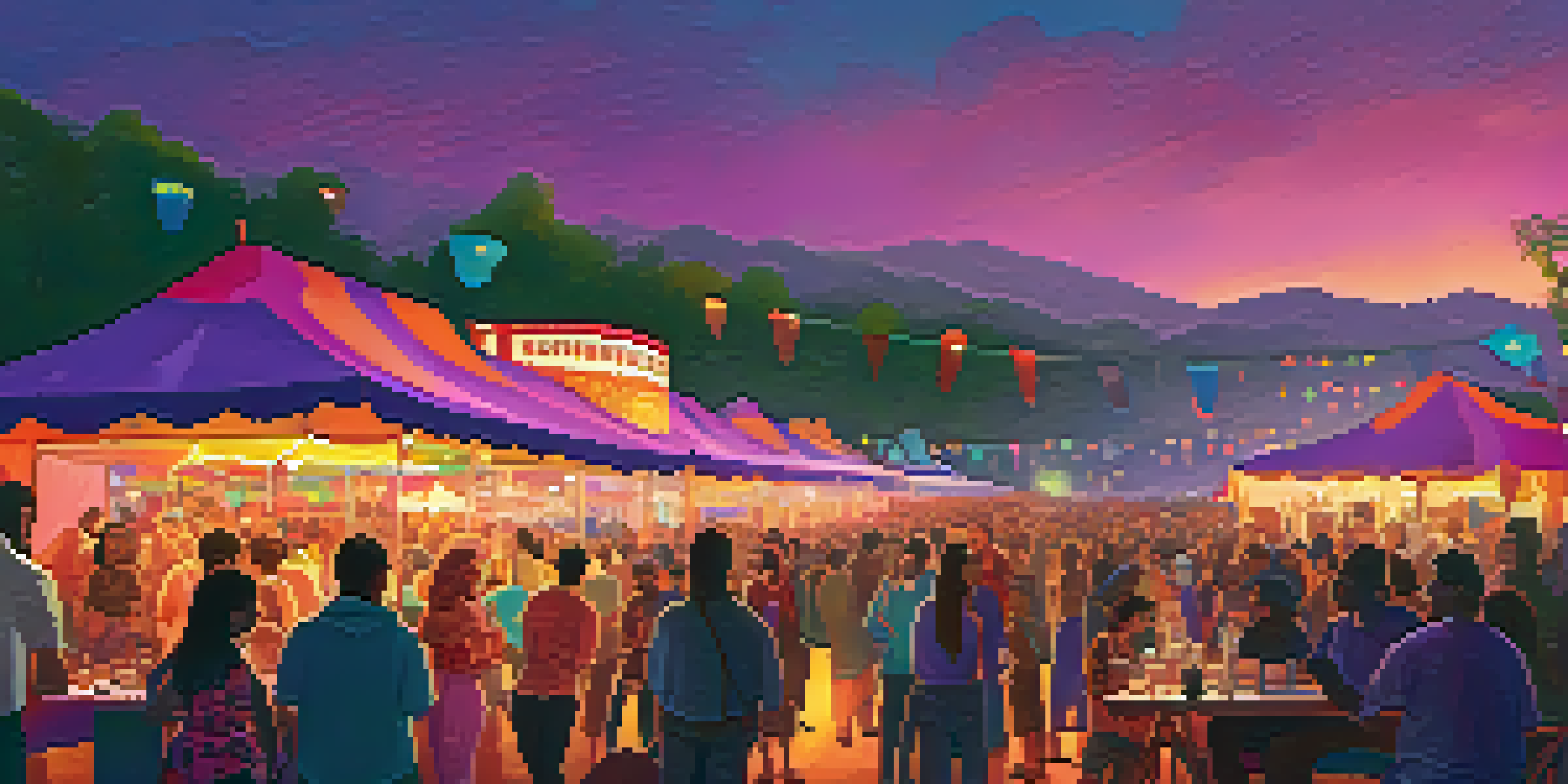 A lively outdoor film festival at dusk with a crowd watching a movie on a big screen, surrounded by food stalls and colorful lights against a purple and orange sky.
