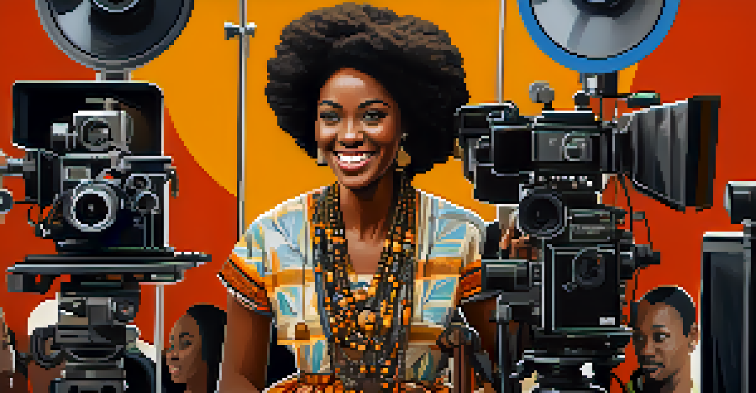 A confident female African filmmaker on a film set, smiling amidst cameras and crew members.