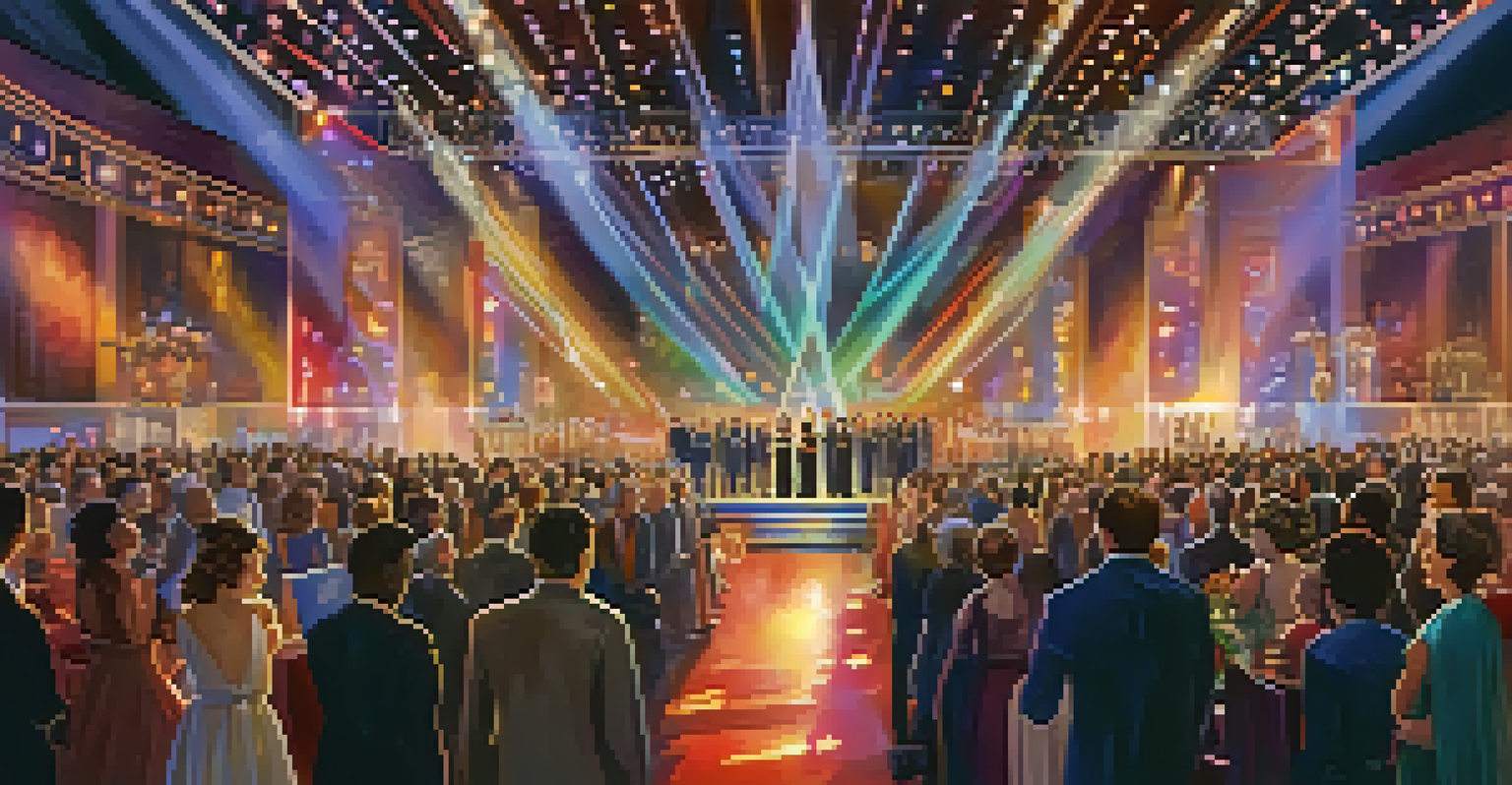 A lively awards ceremony with a diverse crowd in elegant clothing, colorful lights, and a presenter announcing winners on stage.