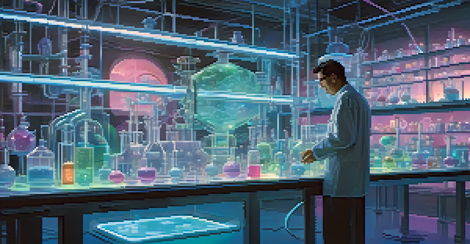 A futuristic laboratory with a scientist interacting with a holographic model, surrounded by advanced technology.