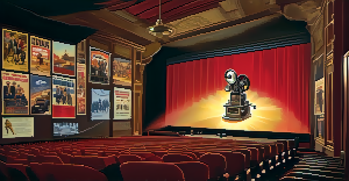 A vintage film projector in a dimly lit theater, casting light onto a screen with classic movie posters on the walls and an engaged audience.