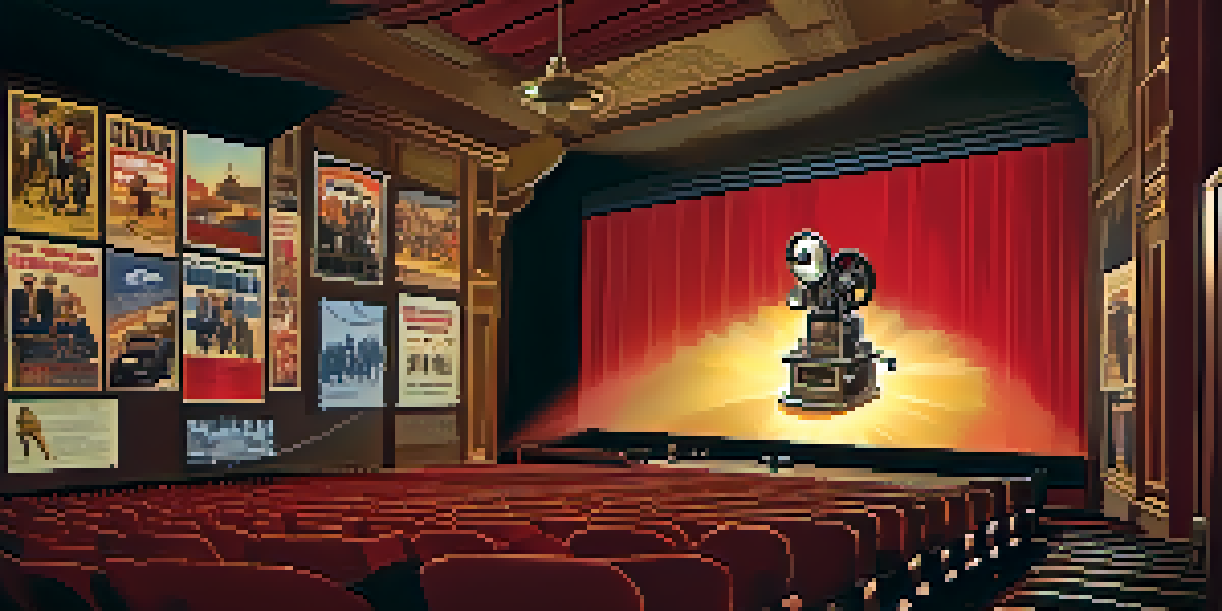A vintage film projector in a dimly lit theater, casting light onto a screen with classic movie posters on the walls and an engaged audience.