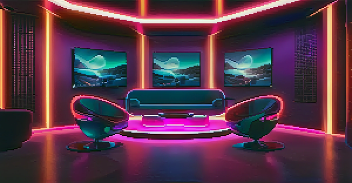 A modern virtual reality cinema room with VR headsets, neon lights, and immersive landscapes.