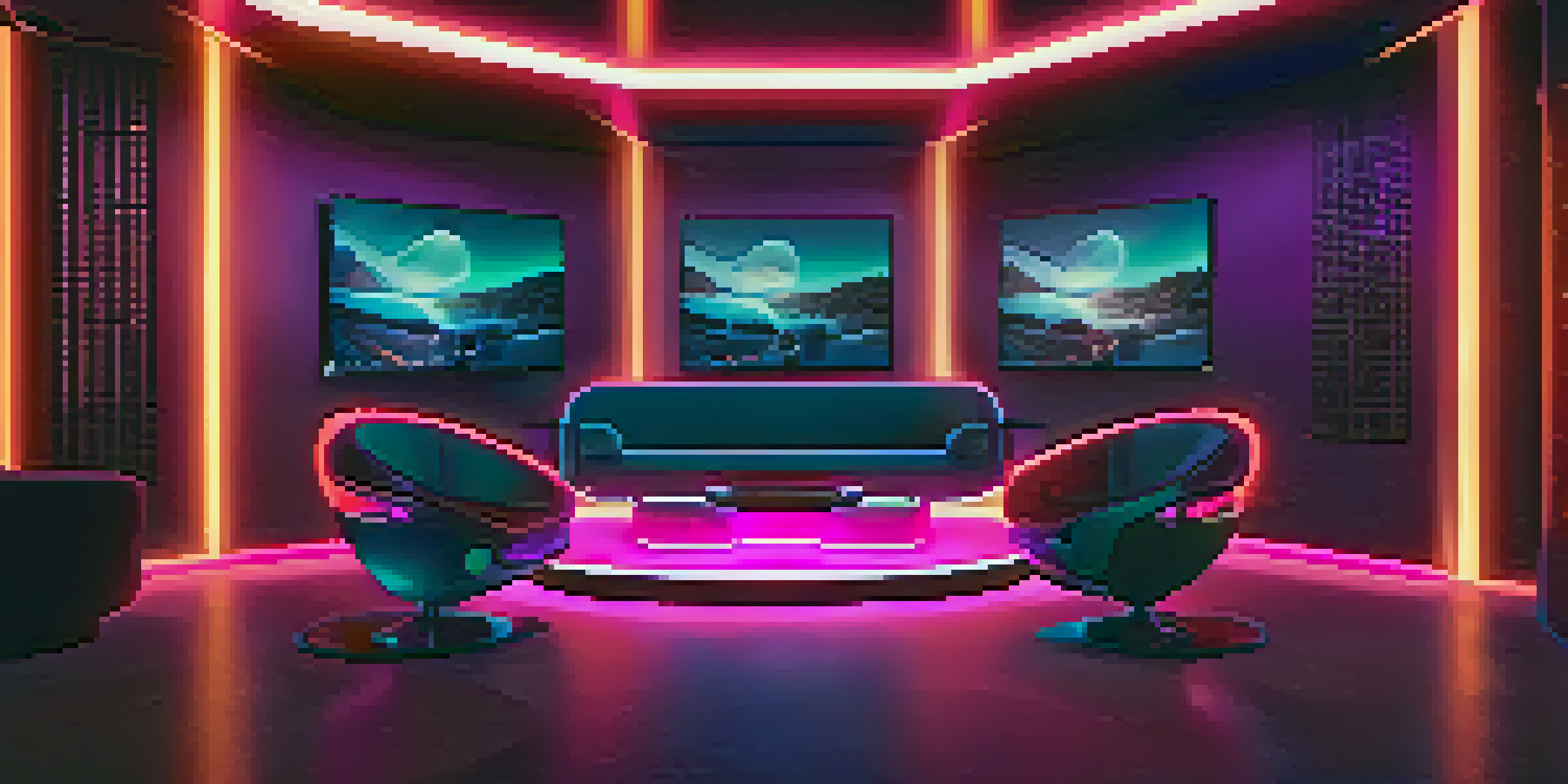 A modern virtual reality cinema room with VR headsets, neon lights, and immersive landscapes.