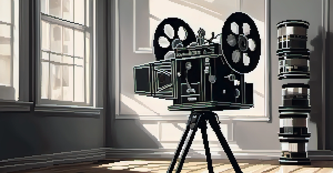 A vintage black and white film set with a classic camera and film reels, illuminated by soft light from a dusty window.
