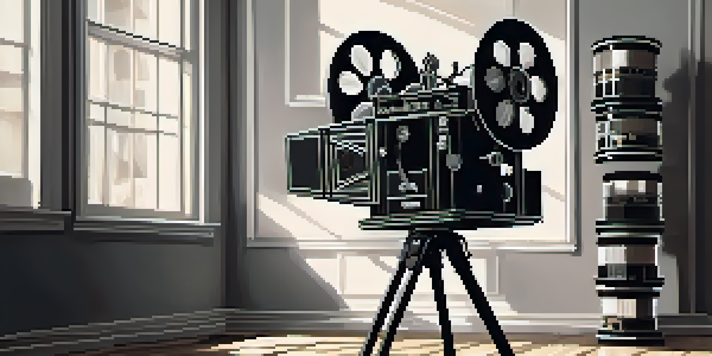 A vintage black and white film set with a classic camera and film reels, illuminated by soft light from a dusty window.