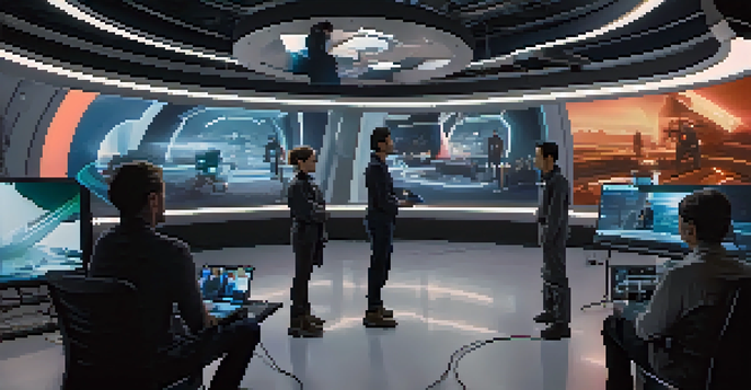 A film director on a futuristic set using AI technology, surrounded by crew members analyzing footage.