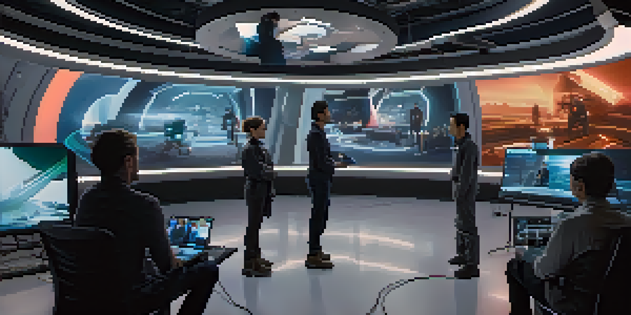 A film director on a futuristic set using AI technology, surrounded by crew members analyzing footage.