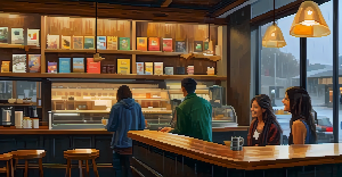 A warm and inviting coffee shop interior with a barista making a latte and a couple enjoying their time by the window on a rainy day.