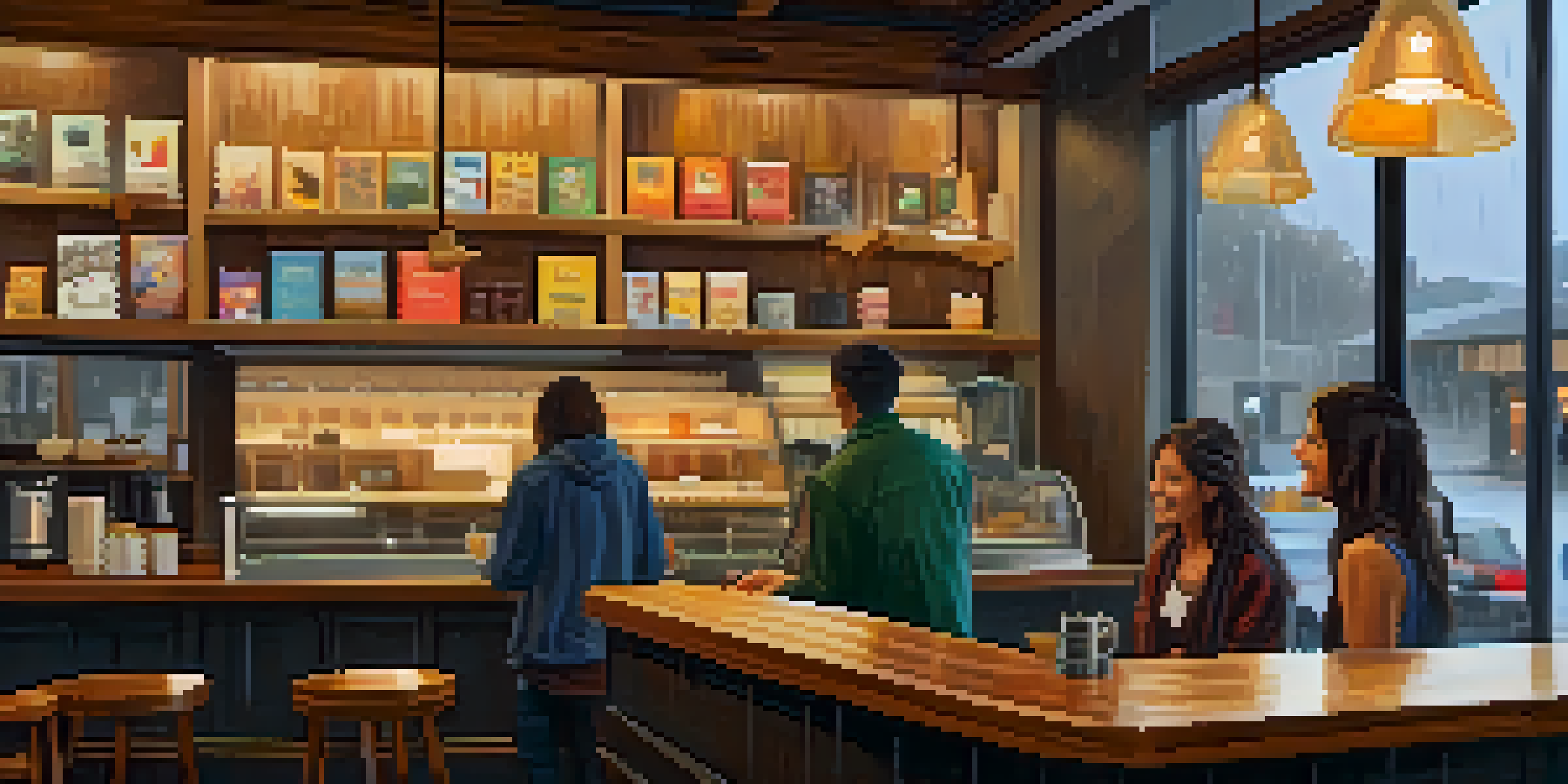 A warm and inviting coffee shop interior with a barista making a latte and a couple enjoying their time by the window on a rainy day.