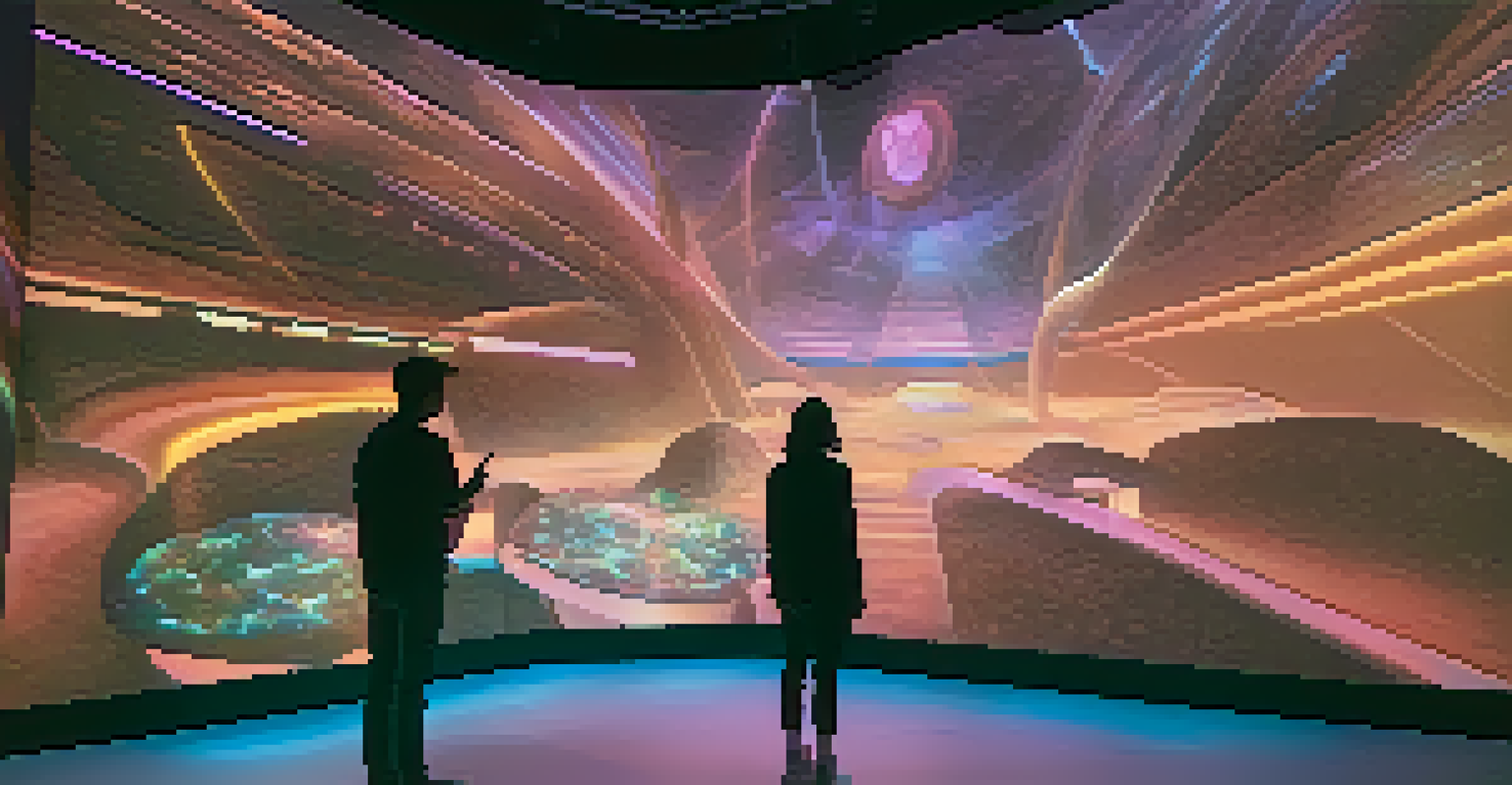 A modern immersive storytelling environment with holographic displays and interactive projections, showcasing viewers exploring digital landscapes.
