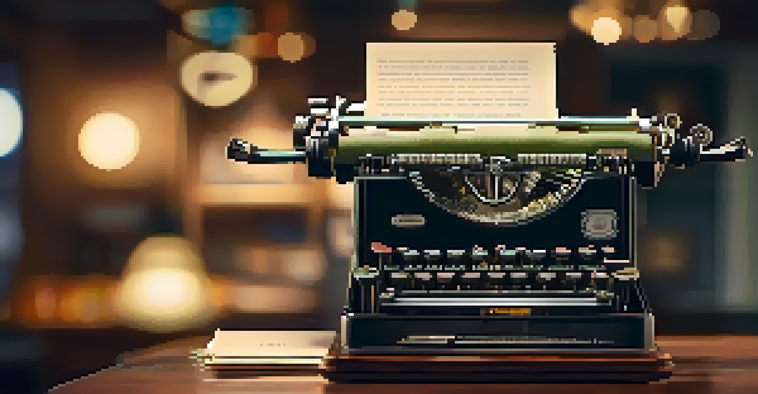 An old typewriter with a sheet of paper displaying a famous quote, softly lit with film reels in the background.