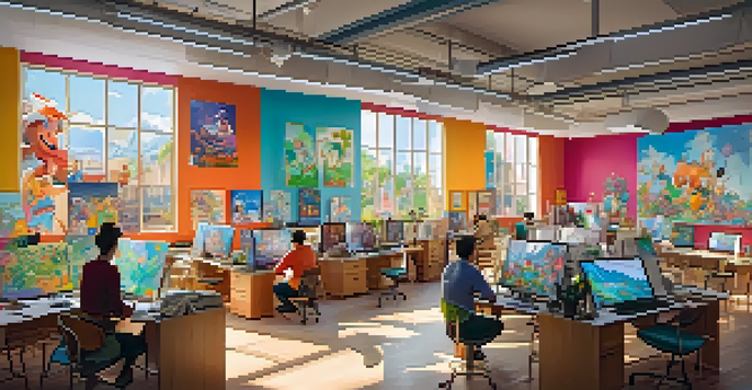 An animation studio bustling with artists creating colorful animated films, with sketches on the walls and bright natural light coming through the windows.