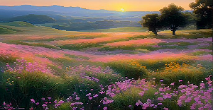 A peaceful landscape with wildflowers and a sunset sky in shades of pink and orange.