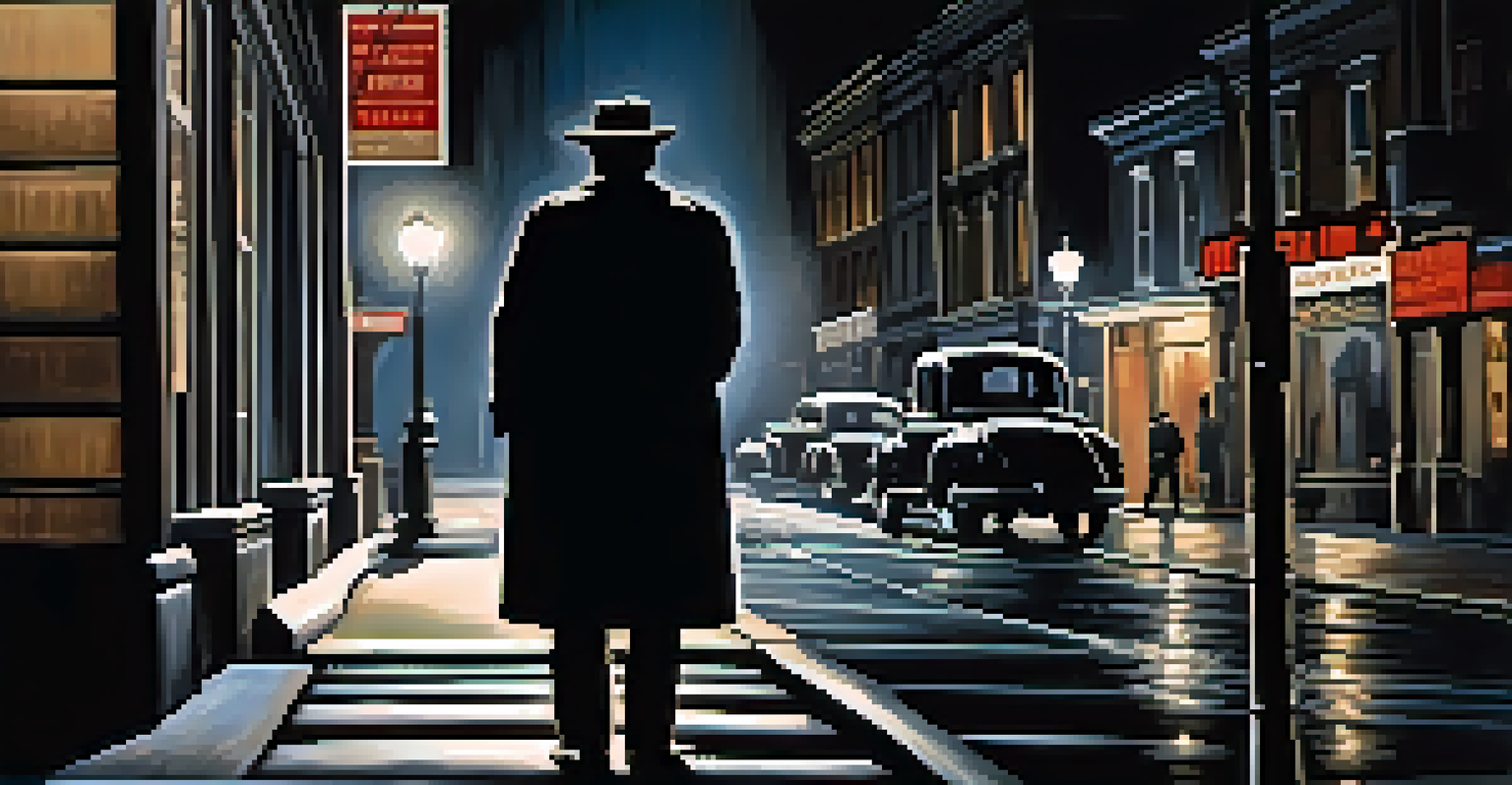 A shadowy city street at night with a figure in a trench coat standing under a streetlight, creating a mysterious atmosphere.