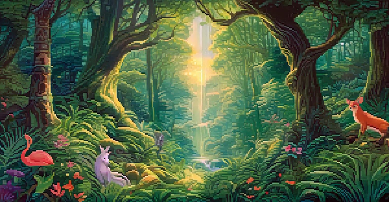 A whimsical film poster depicting a magical forest with creatures and soft pastels, featuring an elegant title integrated into the scene.