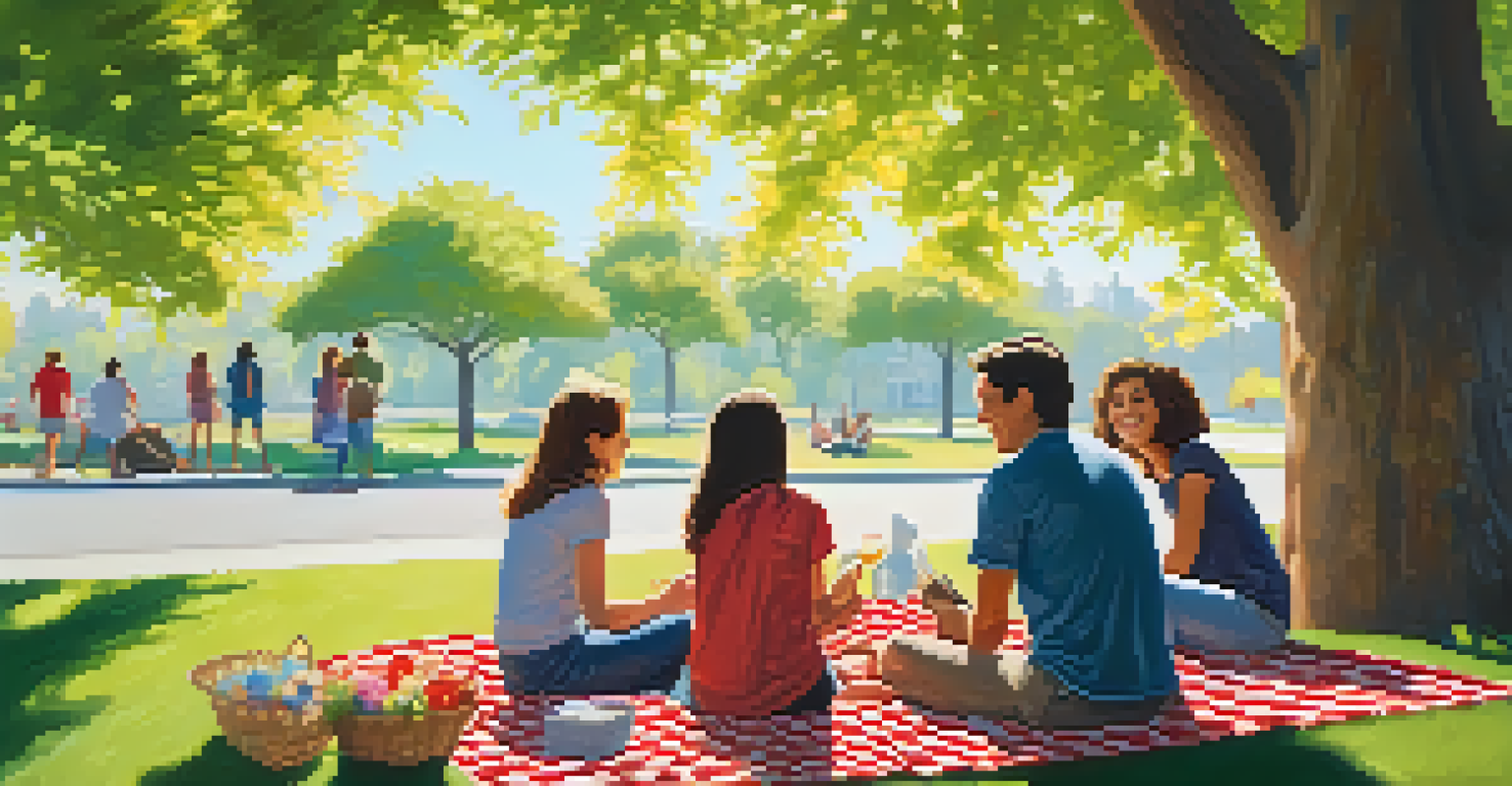A bright outdoor park scene with friends having a picnic under a tree, colorful flowers around, and sunlight filtering through leaves.