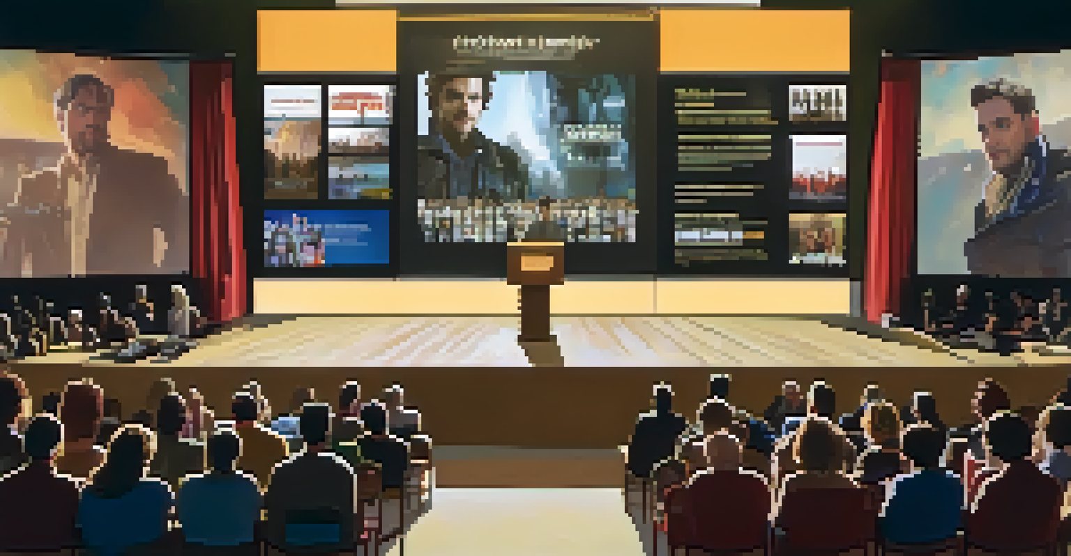 A filmmaker presenting their debut film at a festival, with an audience and a large screen in the background.