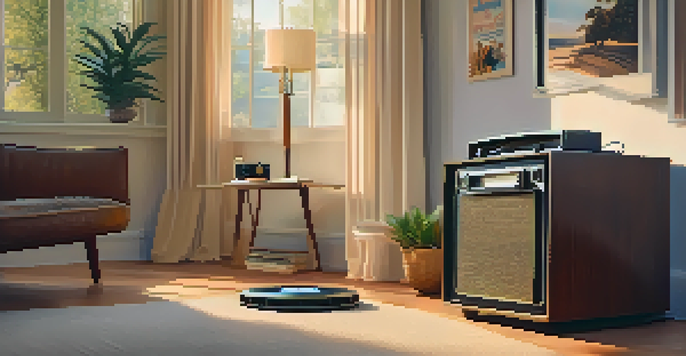 A vintage film set with an old film camera, a reel of film, and a vinyl record player in warm golden hour light, creating a nostalgic atmosphere.