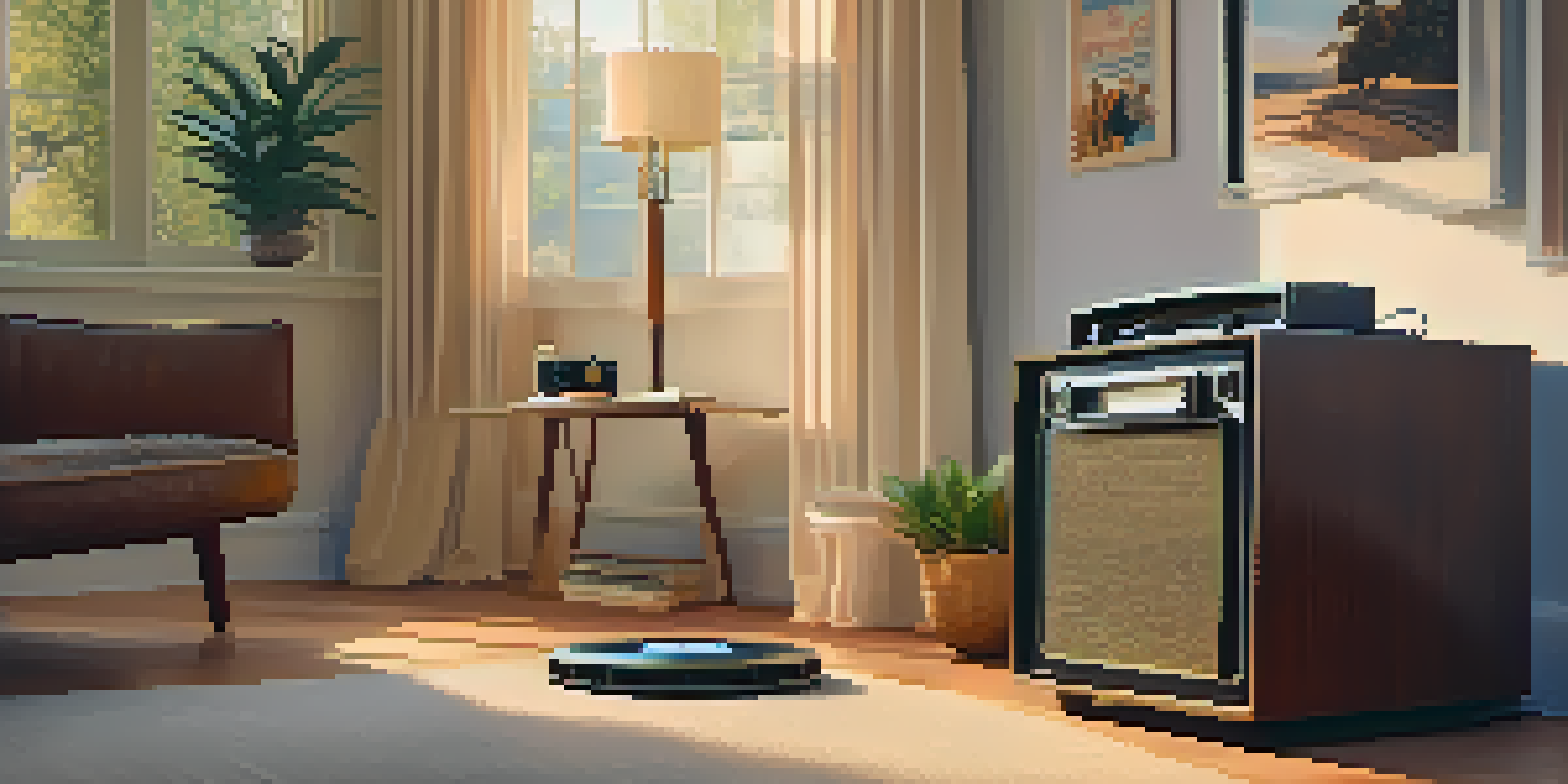 A vintage film set with an old film camera, a reel of film, and a vinyl record player in warm golden hour light, creating a nostalgic atmosphere.