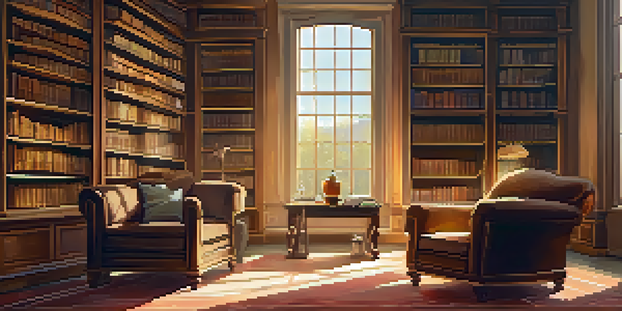 A cozy library with sunlight streaming through windows, wooden bookshelves filled with classic books, and a plush armchair with a cup of tea.