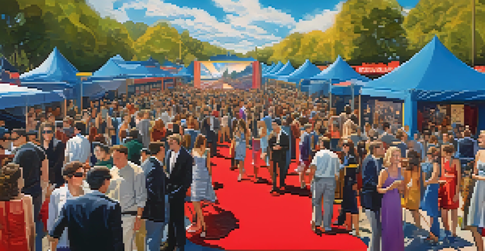 A lively film festival with a red carpet, filmmakers and actors engaging with fans, colorful banners, and a large movie screen in the background.