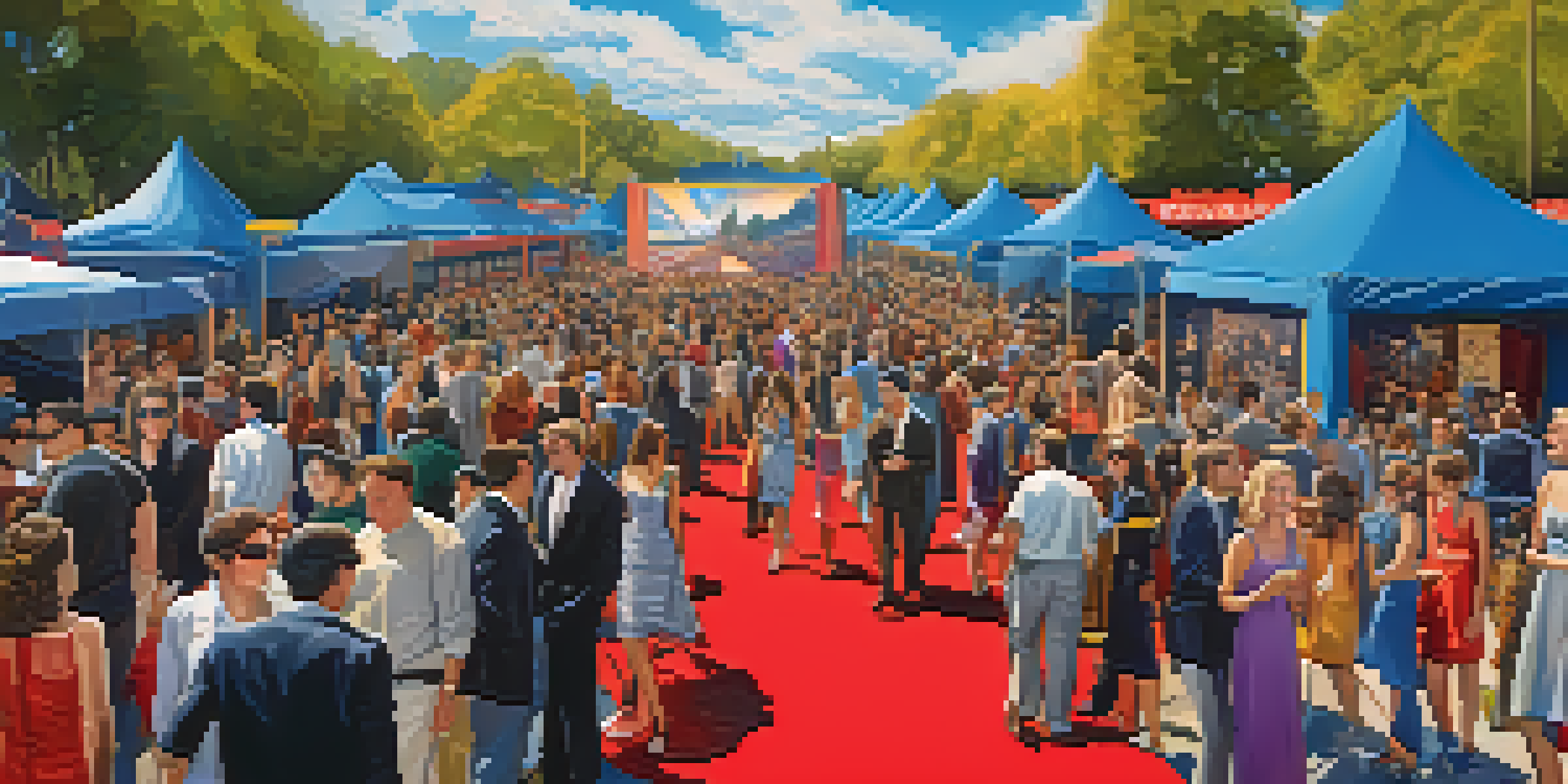 A lively film festival with a red carpet, filmmakers and actors engaging with fans, colorful banners, and a large movie screen in the background.