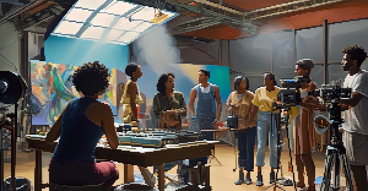 A female filmmaker directing a diverse cast on a vibrant film set, surrounded by colorful props and natural light.
