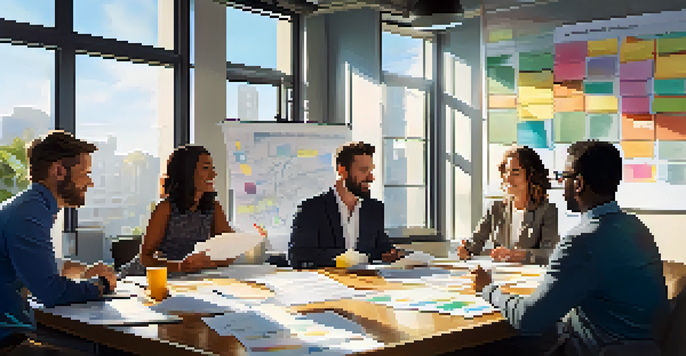 A diverse team of individuals engaged in a meeting in a modern office, with sunlight filtering through windows and colorful brainstorming notes on the walls.