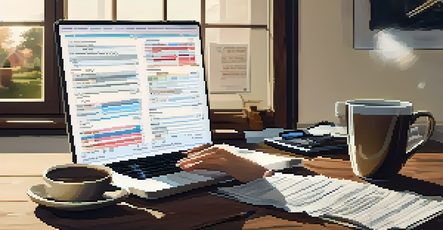 A close-up of a producer reviewing a budget spreadsheet on a laptop, with film scripts and coffee cups on a table in a cozy office.